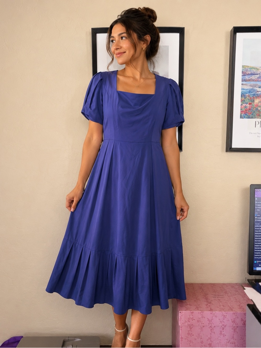 ANTONIO MELANI Deep Blue Square-Neck Midi Dress